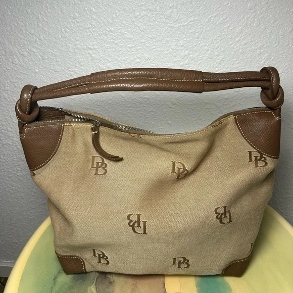 Dooney & Bourke Tan Canvas Brown Leather Knotted Strap Hobo Shoulder Bag Purse - Picture 3 of 10